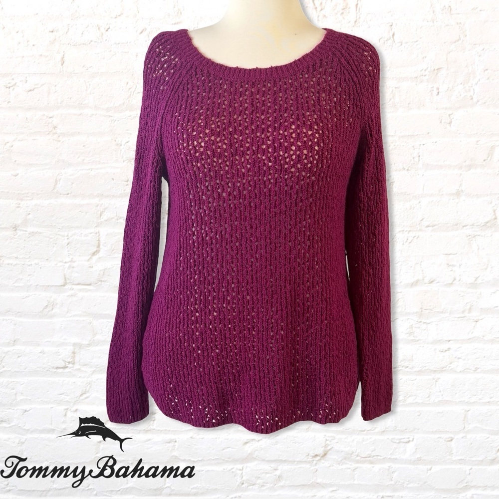 Tommy Bahama Women’s Open Knit Crewneck Sweater Size Large Sangria Wine Berry